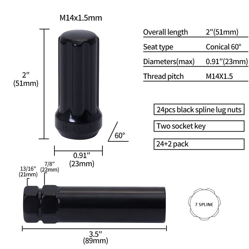 ChnewAuto M14x1.5 Lug Nuts 14x1.5 Spline Lug Nuts M14 x 1.5 Black 2"" Tall Set of 24 pcs 2 Socket Keys 14mmx1.5 Lug Nuts Acorn Aftermarket Wheel Lug Nut - Image 5